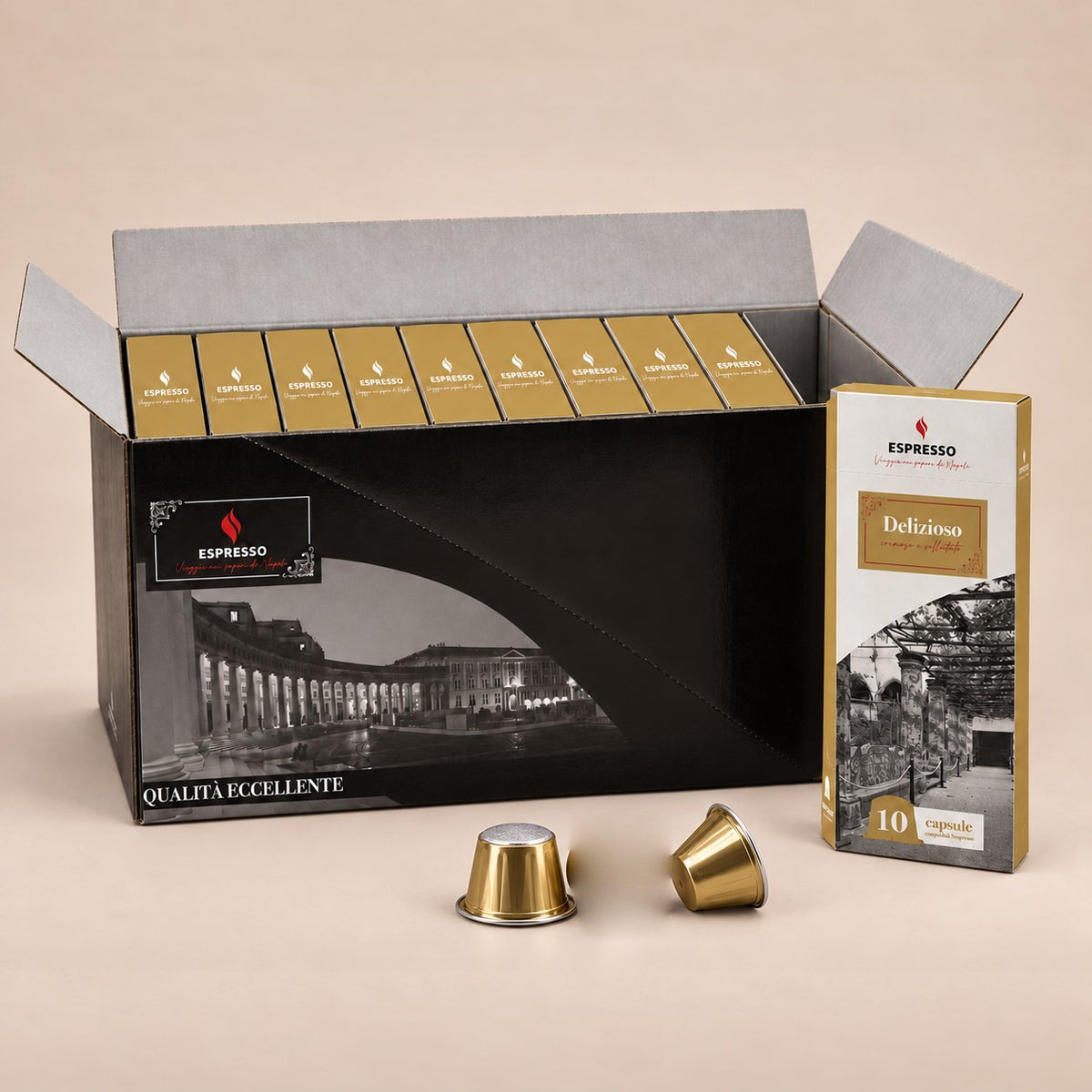 Boîte de 100 capsules Delizioso compatibles Nespresso® : 10 étuis de 10 capsules – Espresso Italiano