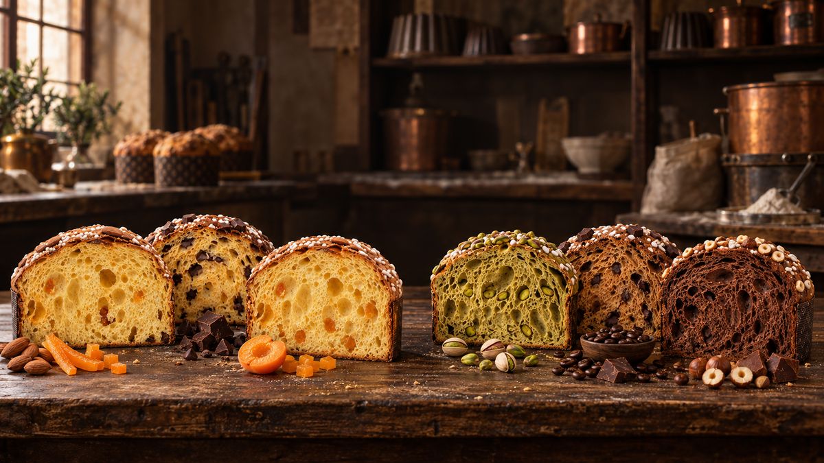 Panettones napolitains Espresso coupés sur une table en bois