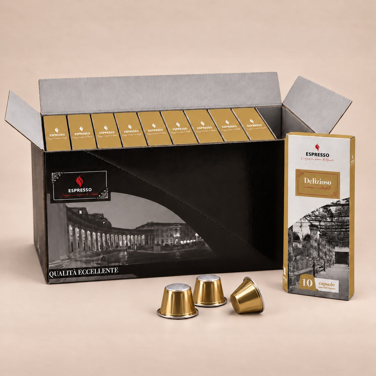 Boîte de 100 capsules Delizioso compatibles Nespresso® : 10 étuis de 10 capsules – Espresso Italiano