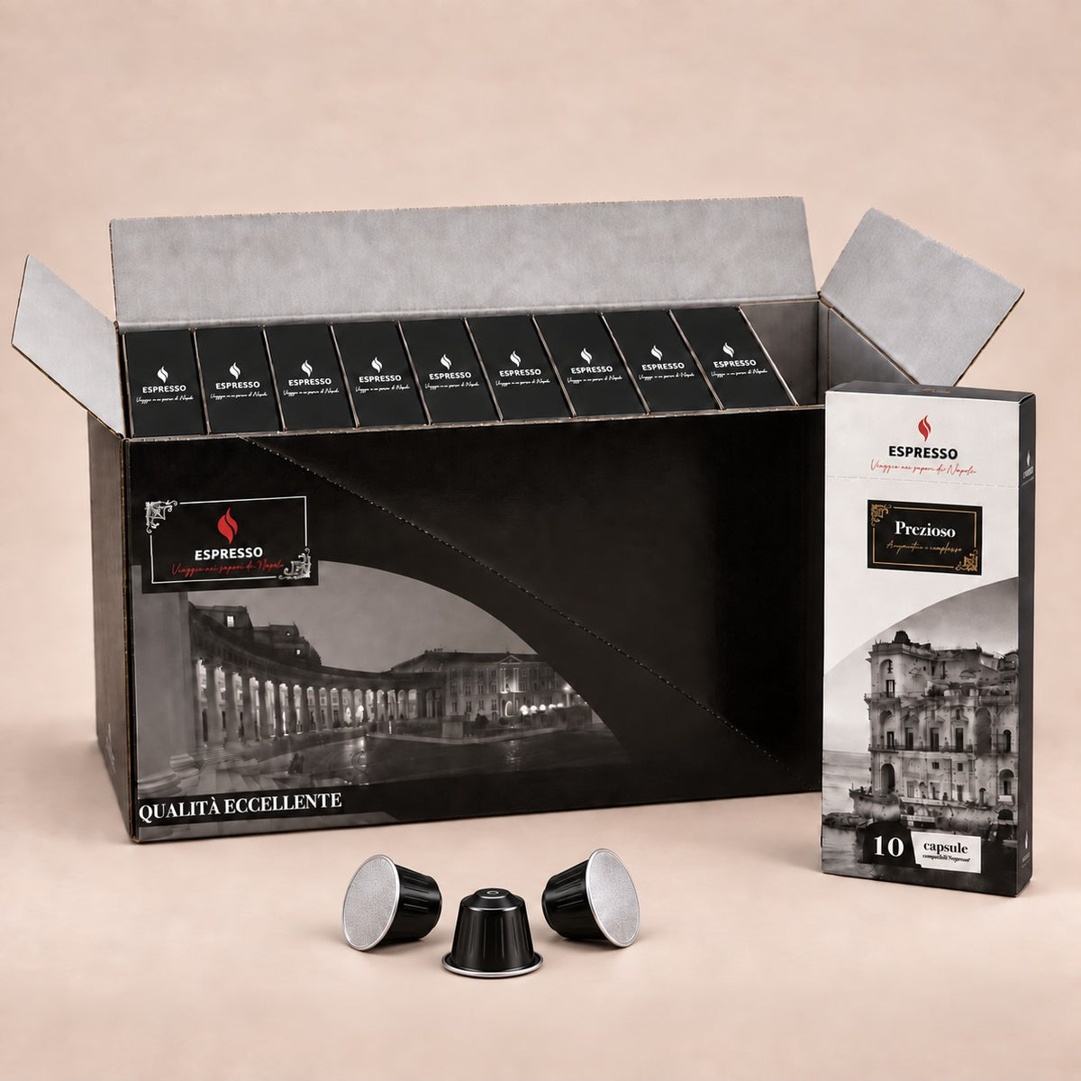 Boîte de 100 capsules Prezioso compatibles Nespresso® : 10 étuis de 10 capsules – Espresso Italiano